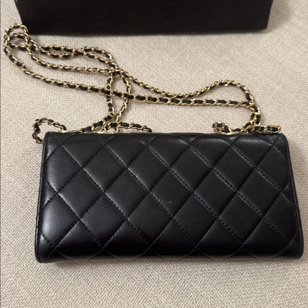 Authentic CHANEL Wallet on Chain Black Quilted Lambskin Gold Chain WOC - Picture 11 of 17